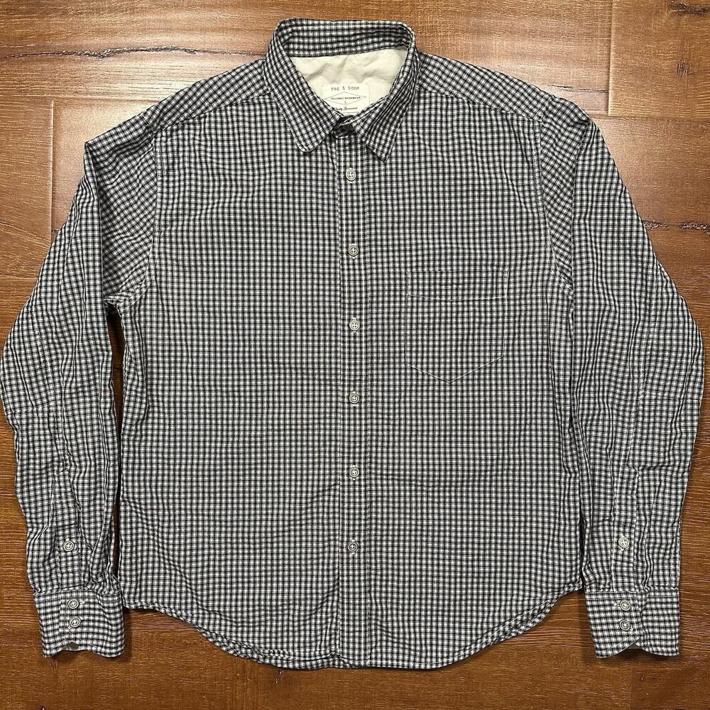 Rag Bone Tailored Workwear Button Up Shirt Mens L Black Check Plaid Long Sleeve